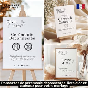 Peut inclure: Ensemble de panneaux de mariage avec texte noir sur fond blanc. Les panneaux affichent "Olivia & Liam" et des phrases comme "Cérémonie Déconnectée", "Cartes & Cadeaux" et "Livre d'Or". Les panneaux sont présentés sur des chevalets et dans un cadre doré.