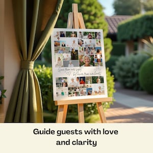 Set in a peaceful outdoor venue, this mockup features a touching funeral poster on an easel, adorned with a collage of memories and the phrase “Gone from our sight, but never from our hearts.” Ideal for guiding guests during a celebration of life, this Canva-editable design works beautifully as a funeral collage, memorial board, or in loving memory sign.