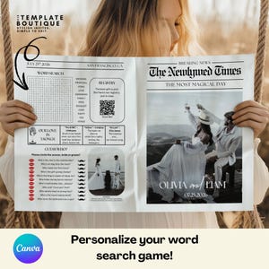Peut inclure: Faire-part de mariage en forme de journal avec une grille de mots cachés, des informations sur le registre et une photo du couple. Le titre est "The Newlywed Times". Comprend la date du 29 juillet 2026 et les noms Olivia et Liam.
