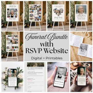 Peut inclure: Ensemble de produits funéraires numériques et imprimables, comprenant des panneaux commémoratifs, des collages de photos et des modèles de site Web RSVP. Les panneaux présentent des photos de Marilyn Brooks, avec des dates et du texte commémoratif.