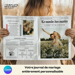 Peut inclure: Un faire-part de mariage en forme de journal, tenu par une personne. Le titre est "Le monde des mariés" et "Le début d'une aventure". L'invitation comprend des photos, du texte et les noms Olivia et Liam. Le logo Canva est visible.