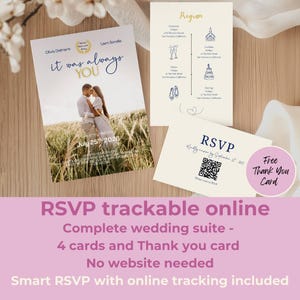 Pack modèles de mariage Canva à personnaliser | RSVP en ligne via QR Code | Suite  : Invitation, Détails, Programme & Carte de remerciement