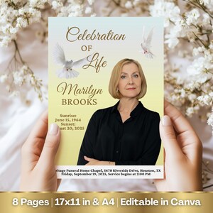 May include: A memorial card featuring the text "Celebration of Life Marilyn Brooks" and a portrait of a woman. The card includes the dates June 15, 1964 - August 20, 2025, and the text "8 Pages 17x11 in & A4 | Editable in Canva".