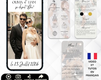 May include: A smartphone displays a wedding invitation with a photo of a couple, event details, and a thank you message. The invitation includes the date, location, and RSVP information. The design is elegant with a French theme.