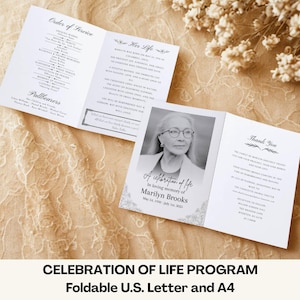 May include: A folded memorial program with a photo of Marilyn Brooks. The program includes the order of service, a biography, and a thank you message. The program is labeled "Celebration of Life Program".