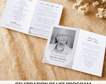 Celebration of Life Program Template, Printable Bifold Funeral Brochure A4 & US Letter Editable DIY Order of Service Booklet Custom in Canva