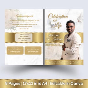 Peut inclure: Un programme commémoratif avec un design or et blanc. La couverture présente une photo d'un homme et les mots "Célébration de la Vie". À l'intérieur, le texte comprend des remerciements, une citation et des détails pour l'inhumation et le repas. Le programme mesure 43,18 x 27,94 cm.