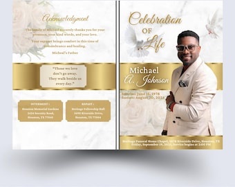 Funeral Program, 8 Page Celebration of Life Template, Obituary Booklet for Men, Bifold Memorial Program, DIY Canva White and Gold Template