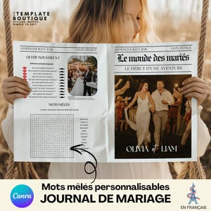 Peut inclure: Un journal de mariage personnalisé avec le titre "Le monde des mariés" et la date "SAMEDI 25 JUILLET 2026". Le journal présente des photos du couple, un mots mêlés et les noms "OLIVIA & LIAM".