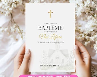 Baptême personnalisé, Livret de Messe Baptême Fleurs, Modèle DIY A4 pliable 8 pages à imprimer, Cérémonie Église enfant, bébé, fille, garçon