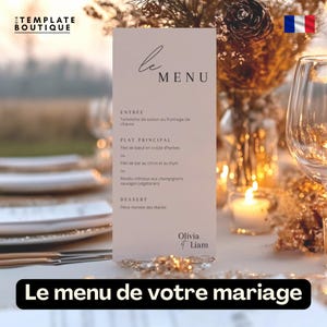 Può includere: Un biglietto del menu di nozze con il testo "le MENU" in alto. Il menu include le opzioni Entrée, Plat Principal e Dessert. I nomi "Olivia & Liam" sono in basso. Il testo "Le menu de votre mariage" è in basso.