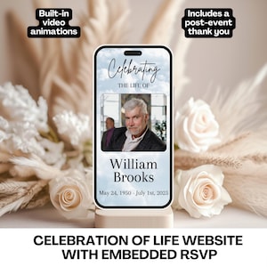 Könnte beinhalten: Ein Smartphone-Bildschirm zeigt eine Gedenk-Website für William Brooks. Das Design umfasst ein Foto von William, die Daten 24. Mai 1950 - 1. Juli 2025 und die Worte "Celebrating The Life Of". Das Bild ist von weißen Rosen und dekorativem Laub umgeben.