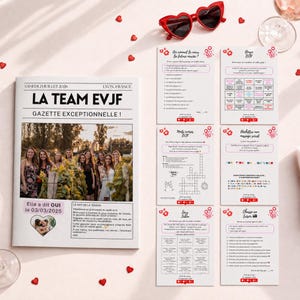 Peut inclure: Un journal de fête de fin de célibat intitulé LA TEAM EVJF avec une photo d'un groupe dans un vignoble, accompagné de six cartes de jeux incluant quiz, bingo, mots croisés et codes secrets, le tout décoré de confettis en forme de cœurs rouges.