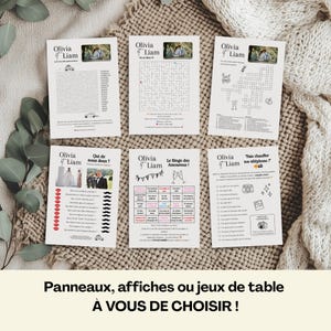 Pu&ograve; includere: Una collezione di biglietti stampati con vari giochi e attivit&agrave;, tra cui un cruciverba, un labirinto e un cruciverba. Ogni biglietto presenta i nomi "Olivia & Liam" e una piccola foto. I biglietti sono disposti su una superficie strutturata.
