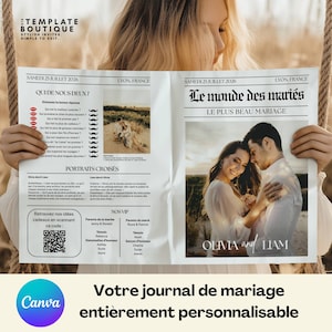 Peut inclure: Un journal de mariage avec le titre "Le monde des mariés" et les noms "Olivia and Liam." L'annonce comprend des photos, du texte et un code QR. Le texte se lit "Votre journal de mariage entièrement personnalisable."