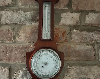Antique Oak Banjo Barometer and Thermometer - Henry Birks and Sons - English Weather Station