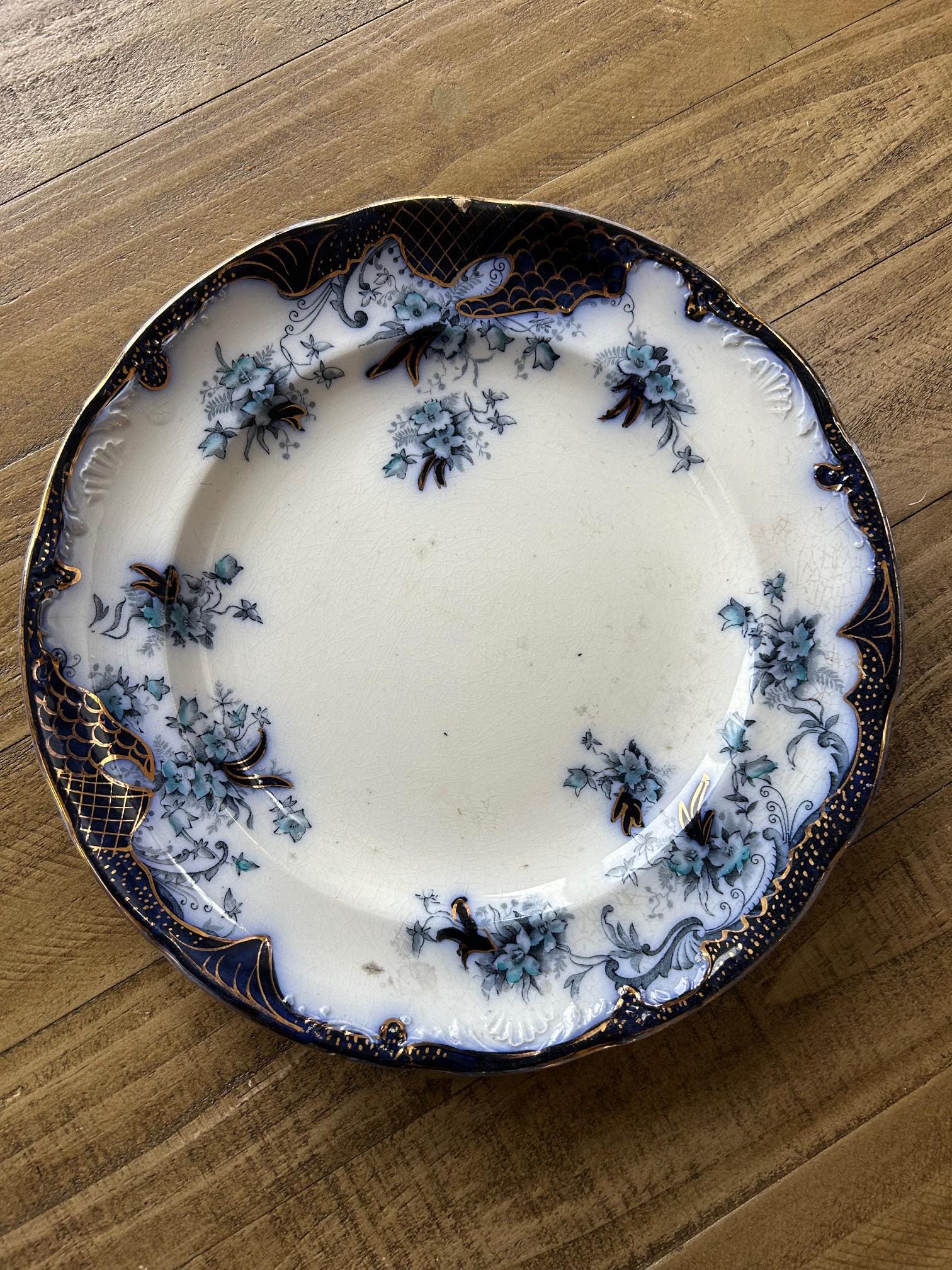 Antique Flow Blue Plate, Grimwades FLANDERS Pattern, Stoke Pottery