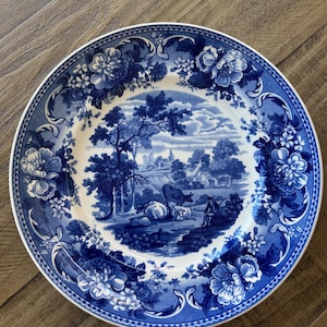 Vintage Wedgwood Queensware Teller: Blau-Weiße Hirtenszene