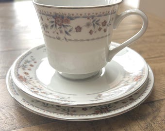 Vintage WP Japan Claremont Fine Porcelain Tea Cup, Saucer, and Plate, Floral Silver Rim