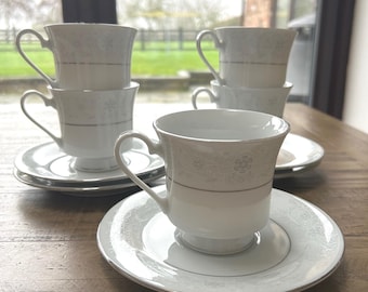 Vintage Crown Ming Fine China Teacup and Saucer Set, Queens Lace, Gold Detail