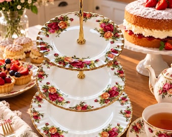 Royal Albert Old Country Roses Etagere: Dreistöckige Etagere aus Bone China, England