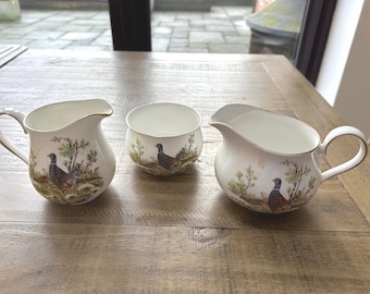 Vintage Gilded 'Elizabethan' Staffordshire SET Milk Jug,Cream Jug Sugar Bowl 'Pheasant' Bone China