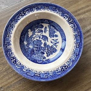 May include: A round, antique blue and white ceramic bowl with a detailed landscape design in the center. The rim features a repeating pattern of floral and geometric elements. The bowl has a cream-colored interior.