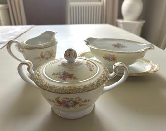 Vintage Noritake Floral Sugar Bowl Creamery Jug and Fixed Gravy Boat with Gold Rims