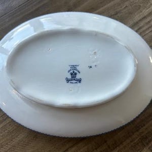 Op de afbeelding: Witte ovale serveerschaal met blauwe rand en handvatten. De onderkant heeft een blauw-wit embleem met de tekst "Tuscan Royal Semi Porcelain, England."