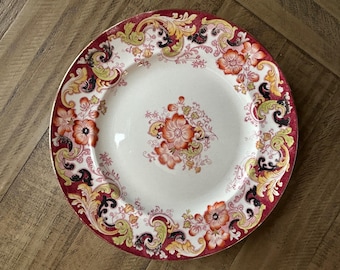 Antiek Alfred Meakin Ormonde bord, bordeauxrode bloemen, klasse B, gouden accent