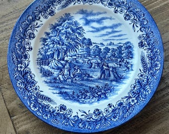 Vintage Churchill Currier and Ives Harvest Dinner Plate blue & white transferware English ironstone cottage