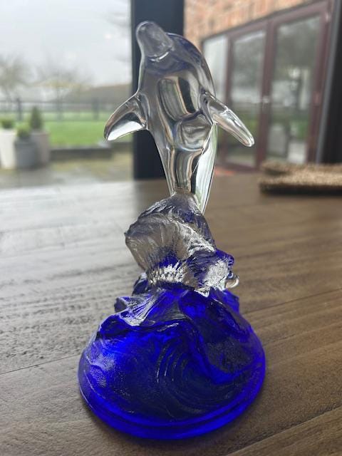 Vintage RCR Italian Crystal Jumping Dolphin Figurine: With Blue