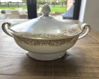 Vintage Noritake Floral Covered Serving Dish with Gold Rim