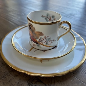 Op de afbeelding: Een witte theekop, schotel en bordenset met gouden randen. De theekop heeft een kleurrijk fazantenontwerp en een gouden oor. De set staat op een houten oppervlak, wat een klassieke en elegante uitstraling creëert.