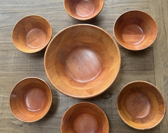 Vintage Mid Century Wood Salad Bowl Set Large Serving Bowl + 6 Individual Bowls