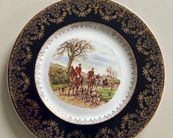 Victorian Hunting Plate: Navy Blue & Gold Gilt, Myott England Decor