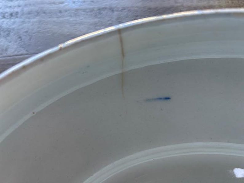 Op de afbeelding: Close-up van een witte keramische plaat met een licht cr&egrave;mekleurige rand. Een dunne bruine scheur loopt over het oppervlak van de plaat. Er is een kleine blauwe markering op het oppervlak van de plaat. De plaat is een keukenartikel.