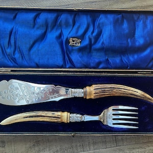 Puede incluir: Un juego de servir antiguo en una caja de presentación. El juego incluye un servidor de pescado de color plateado con un diseño floral ornamentado y un tenedor a juego. Ambos utensilios tienen mangos de un material marrón claro, posiblemente asta. La caja está forrada con satén azul.