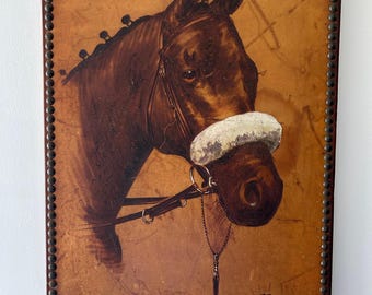 Rare Pokerwork Leather Painting Picture of a horse  By G CUNDILL Cottage  Crafts 1990