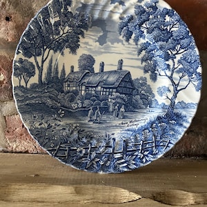 Vintage Anne Hathaway's Cottage Plate: Royal Essex Blue Transferware, 10"(25cm)