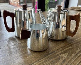 Vintage 1960S / 1970S RETRO STAINLESS STEEL Chrome Teapot Set: Coffee Pot, Milk Jug,