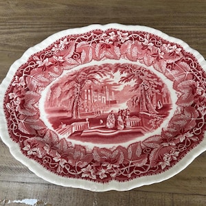 Spectacular Large Masons Vista Pink /red Oval Platter / Meat Plate Rare 33.5cm