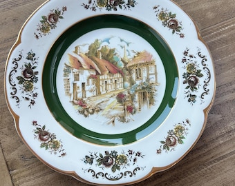 Vintage Wood and Sons  ASCOT Service Plate, Village Scene; Gold Trimmed Scalloped Cabinet Plate