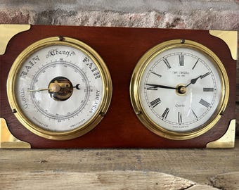 Vintage WM Widdop  Wood and Brass Clock, Barometer,