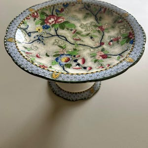 Könnte beinhalten: Ein Kuchenständer im Vintage-Stil mit floralem Design. Der Teller hat einen hellblauen Rand mit sich wiederholendem Muster und eine cremefarbene Mitte mit rosa, blauen und gelben Blumen. Der Ständer ist weiß.
