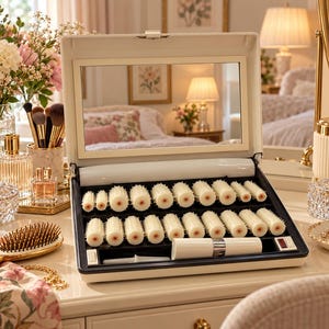 May include: A white electric hair roller set in a rectangular case with an integrated mirror. The set includes multiple white plastic rollers of varying sizes arranged in two rows, a white handle, and a power switch on the black interior base.