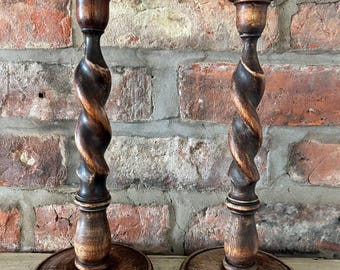 Antique Pair of  Oak Barley Twist  and metal Candlestick 31cm tall