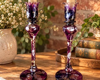 Vintage Candlesticks Irimiea Art Glass Set of Two Purple, silver, Gold Gilt
