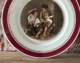 Vintage Fragonard Limoges Plate: Hand-Painted Boys Eating, Gold Accent