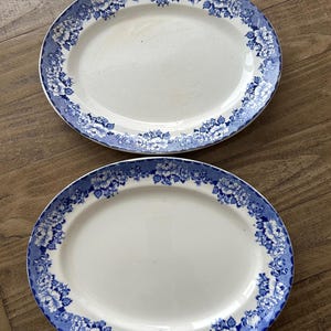 Pode incluir: Duas travessas ovais com centro branco e borda floral azul. A borda azul apresenta um padrão repetido de flores e folhas. As travessas são de cerâmica e estão sobre uma superfície de madeira.